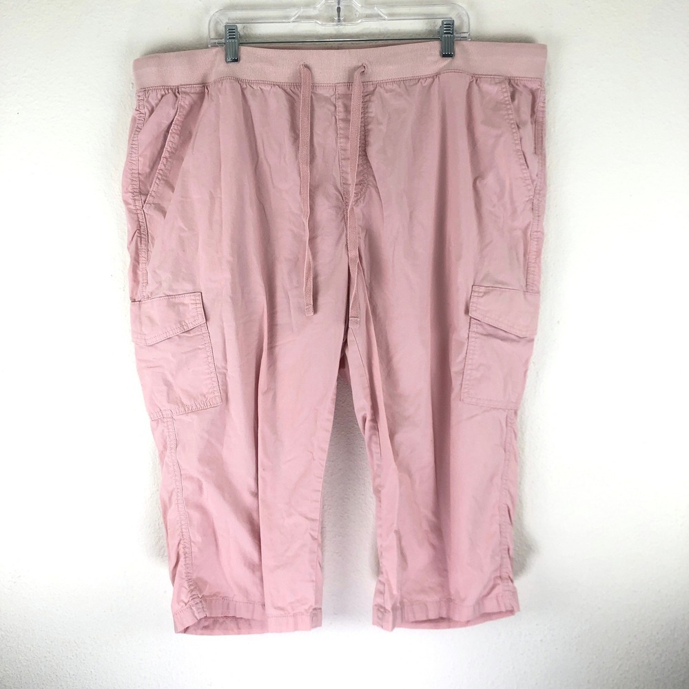 Y2K St Johns Bay Womens Pink Cargo Capri Pants Pull On Elastic Waist 2X Coastal